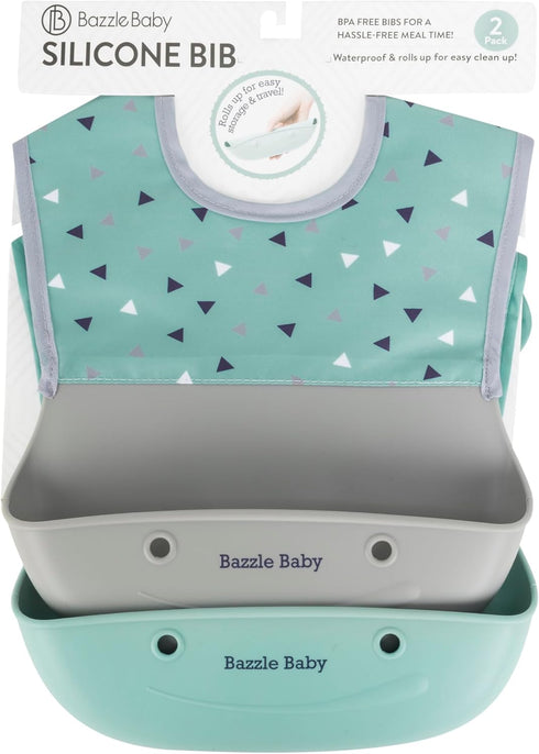Bazzle Baby Silicone Bibs with Food Catcher - Waterproof 2-Pk, Rolls Up for Easy Travel and Storage