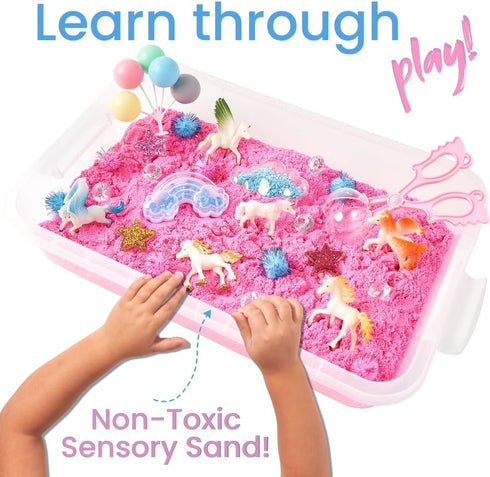 38 PCS Unicorn Sensory Sand Bin | Magic Sand for Toddlers with Scooper | Sparkly Pom-Poms for a Magical Fairytale Gift