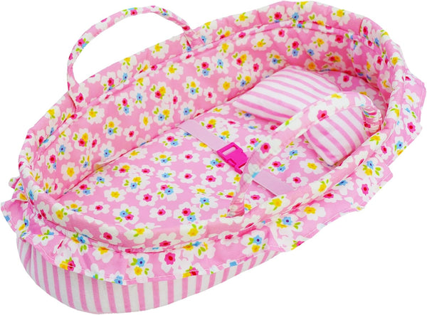 June Garden Cozy Dream Doll Bassinet - Portable Carrier for Baby Dolls up to 14", Soft Pillow & Safety Buckle