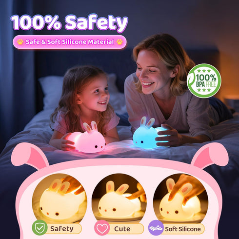 16 Stuff,1200mah Dimmable One Fire Night Light for Kids Bunny Toys, Colors Squishy Bunny Lamp, Soft Silicone Bunnies
