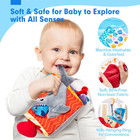 hahaland Baby Tissue Box Toy - Montessori Toys for 6-12 Months, Textured Tails, Cloth Tissues, Crinkle, Squeaky Sounds,