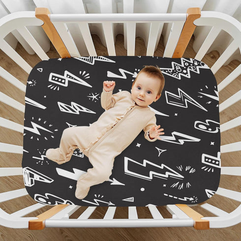 Fitted Crib Sheet for Boys Girls - Lightning Bolts Black Baby Crib Sheets Bassinet Sheets 27 x 39 in