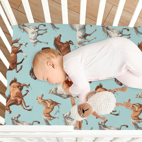 Pigsaly 27x39 Inch Crib Sheets White Horses Blue Baby Sheet for Standard Crib Mattress Boys Girls Toddler Bed Sheets
