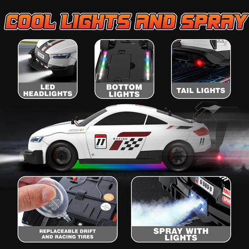 1/16 2.4Ghz 4WD 30+KM/H 2Pcs RC Drift Car Scale Remote Control Car With Spray & Led Lights, High Speed RC Drag Car