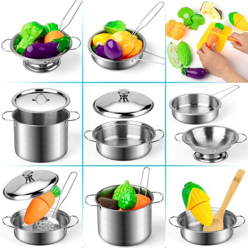 Set, Juboury Kitchen Pretend Play Toys with Stainless Steel Cookware Pots and Pans Cooking Utensils, Apron & Chef Hat