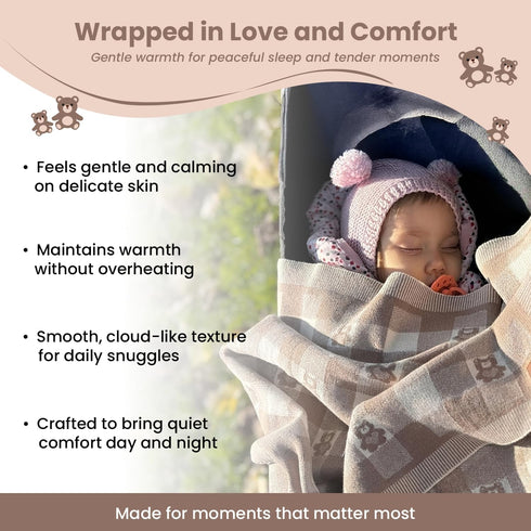 30x40 Inches, 100% Gender-Neutral Checkered Baby Blanket Mocha Teddy Bear Organic GOTS Certified Cotton, Soft