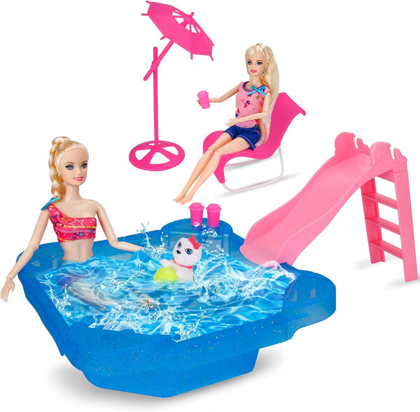 BETTINA Pool Playset with Glam Pool, Slide, Beach Chair, Umbrella, Dog for 12 Inch Dolls