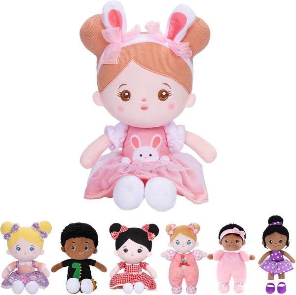 OUOZZZ Soft Baby Doll for Girls, My First Baby Doll Birthday Gift, Plush Rag Doll Bunny in Pink Dress