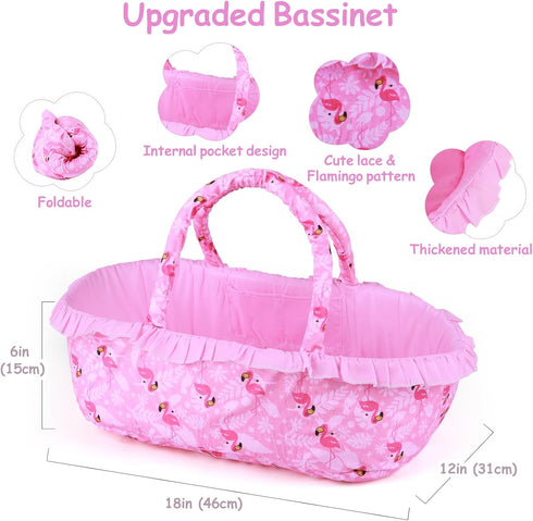 BABESIDE 10 PCS Reborn Baby Doll Clothes, Flamingo Theme with Bassinet for 17-22 Inch Dolls