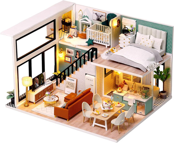 TuKIIE DIY Miniature Dollhouse Kit with Furniture - 1:24 Scale Creative Room Mini Wooden Doll House Accessories