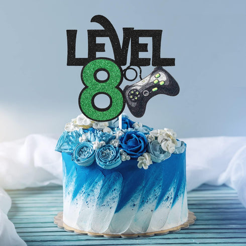 Level 8 Game Cake Topper - Video Game Boy's 8th Birthday Level Up Party Supplies, Gaming Party Decoration