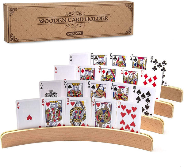 AMEROUS Wooden Playing Card Holders for Kids, Seniors, Adults - Curved Wood Tray Rack Organizer for Card Games (Set of