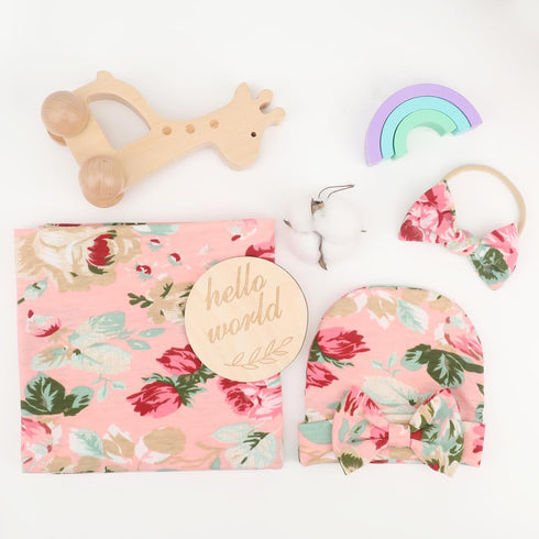 Set DRESHOW BQUBO Baby Girl Newborn Receiving Blanket with Bow Hat Headband Wooden Birth Announcement Card Baby Floral