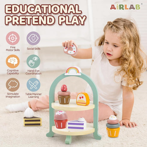 Wooden Cake Toys Tea Party Set, Desserts Food Toy with Cupcake Stand, Kids Pretend Play Kitchen Accessories, Wooden Play Food Set Toy Baking Gift for 3 4 5 Years Old Girls Boys