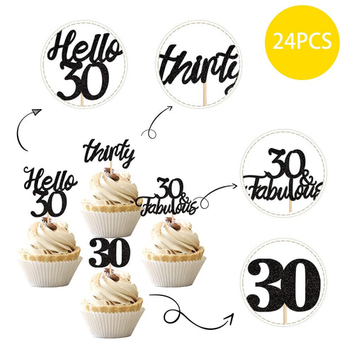 24 PCS 30th Birthday Cupcake Toppers, Hello 30 Cake Topper, Thirty 30 & Fabulous Cupcake Picks, 30th Birthday