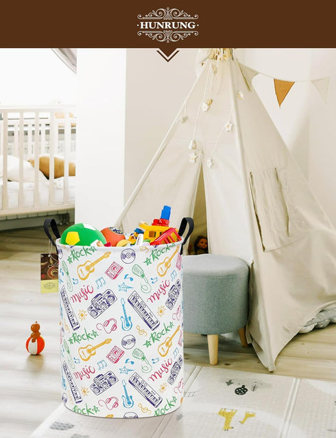 HUNRUNG Collapsible Fabric Storage Basket, Waterproof Laundry Hamper with Handles, Round Storage Bin for Clothes Toys