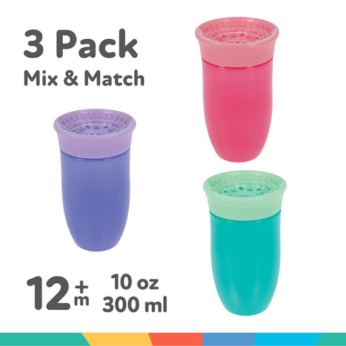 Nuby Wonder Cup with 360 Smart Edge Silicone Rim, 10 oz, 3-Pack, Aqua/Purple/Pink