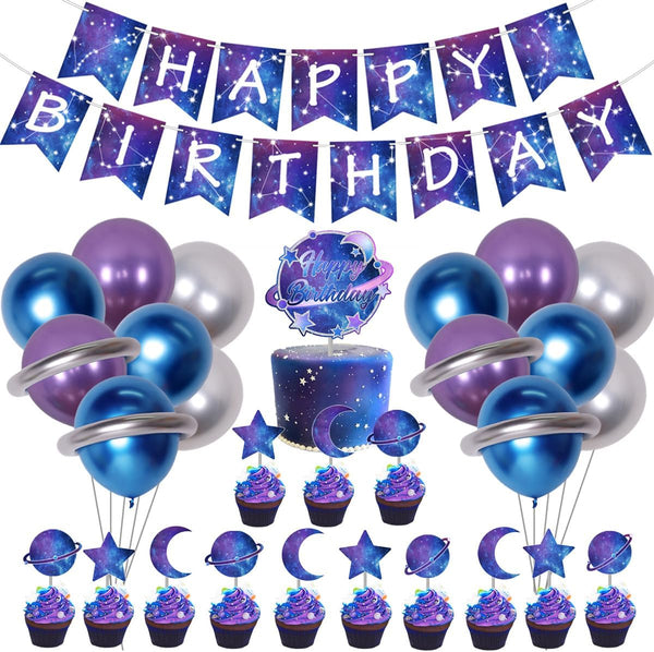 Galaxy Birthday Party Decorations for Kids, Happy Birthday Banner, Outer Space Metallic Balloons, Planet Star Cake
