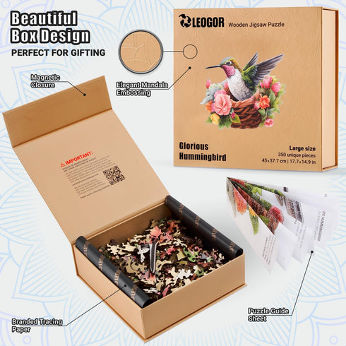 LEOGOR Wooden Puzzles for Adults - Glorious Hummingbird, 350 Piece Large Colorful Mosaic Wood Jigsaws