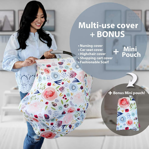 Floral Pattern Car Seat Cover and Nursing Cover - Soft and Stretchy