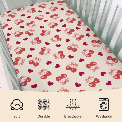 Cstdyfrv 52''x28'' Valentine's Day Cherry Baby Boys Girls Crib Sheets Pink Cherry Bows Love Heart Toddler Bed Sheets