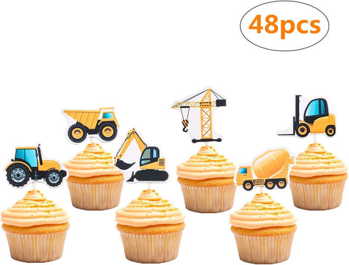 Construction Cupcake Toppers, Dump Truck Tractor Excavator Car Decorations for Kids Birthday Party, 48pcs