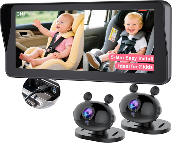 Wkzay HD 1080P Dual Baby Car Camera for 2-Kids: 6.9 Inch Split Display