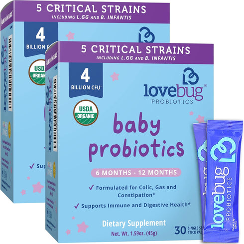 Lovebug Award Winning USDA Organic Probiotic for Babies | Multi-Strain 4 Billion CFU | Easy-to-Take Powder | 60 Packets