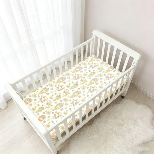 Jynexis 52x28 Ice Cream Flowers White Pattern Baby Crib Sheets, Cotton Fitted Crib Sheet, Soft Breathable, Fits