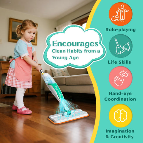 Set Kids Spray Mop Toy Toddler Cleaning with Real Water Sprayer, Microfiber Mop Pads & Scraper Pretend Play Montessori