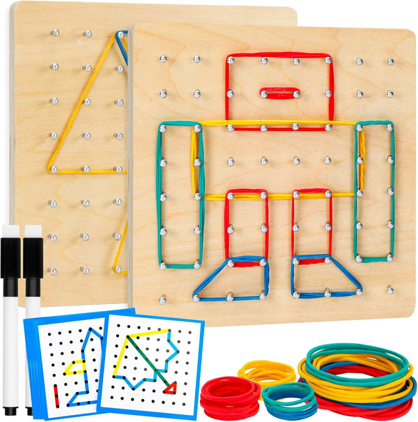 2Pack Wooden Geoboard Montessori Toy, Graphical Educational Toy for Kids with Pattern Cards