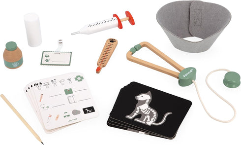 15-Piece 3+ J06466 Janod Pretend Play Vet Suitcase Role Play Veterinary Kit in Durable Zip-Up Cloth Case with Badge