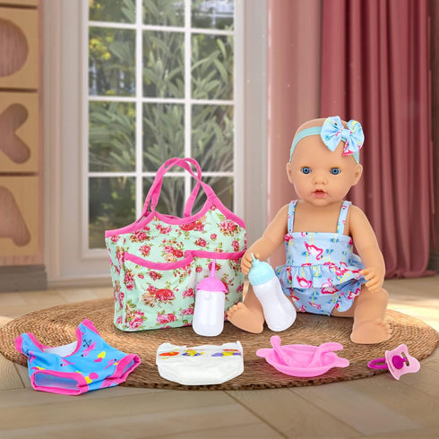 UNICORN ELEMENT 8 Pcs Baby Doll Clothes and Accessories, Feeding and Caring Set with Diaper Bag, Best Gift for Kids