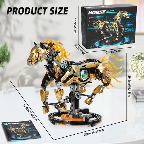 funxinee 12+, Mechanical Horse Building Blocks Linkage Kit, Animal World Model with Lighting & Display Stand, STEM Toy