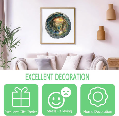 Wooden Puzzles for Adults, 3D Vision Effects Cave Forest Jigsaw Puzzles, Unique Shape Hill Sunset Landscape (300 pcs)