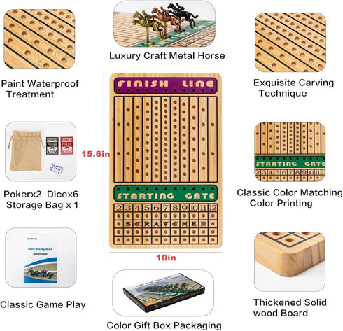 11 4 2 2-11 Horse Race Board Game with Luxury Metal Horses, Dice, Card Boxes and Thickened Wood Game Board for Players