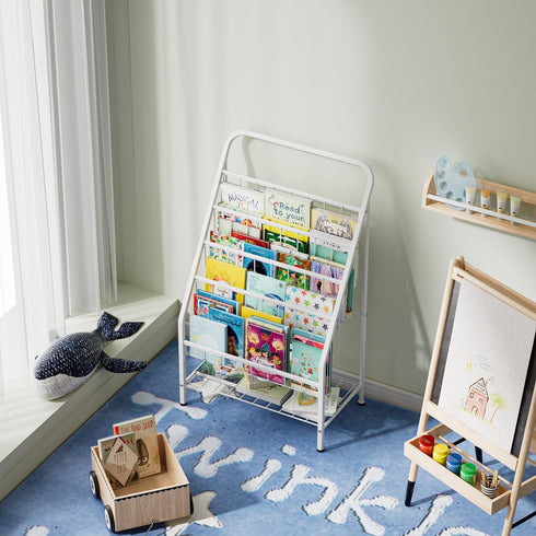 4-Tier (28.35" JAQ White Kids Bookshelf, Metal Book Display Rack for Small Spaces, Modern Toddler Bookshelf for Nursery