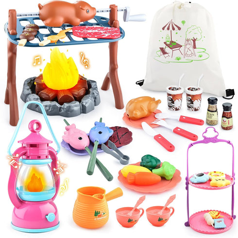 Kids Camping Toys Set 50 PCS with Campfire, BBQ Grill, Food Toy