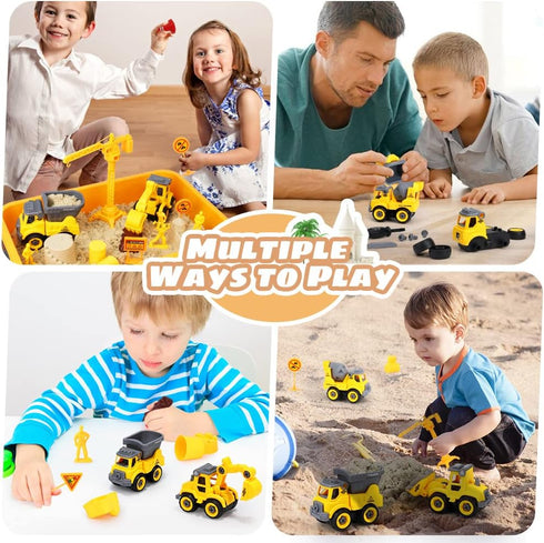 Set, 2.2lbs 4 3-8 OENUX Play Sand Construction Beach Building Castle Kit w/ Play Sand, Take Apart Construction Trucks