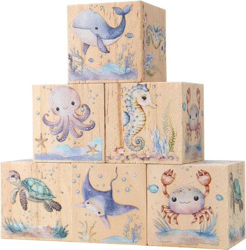 6 Pcs Ocean Animal Nursery Decor Blocks Wooden Shelf Decor for Baby