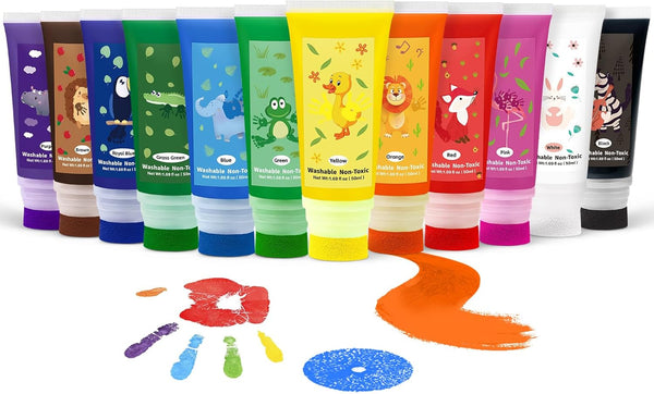 Noosuna Washable Finger Paint with a Sponge Head, 12 Colors (1.69fl oz/Tube) Non-toxic,
