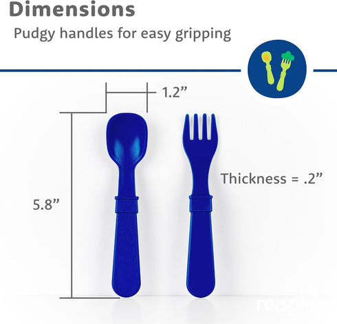 Re-Play Toddler Utensils Set - 12 Forks and Spoons, Dishwasher and Microwave Safe, Made in USA, True Blue