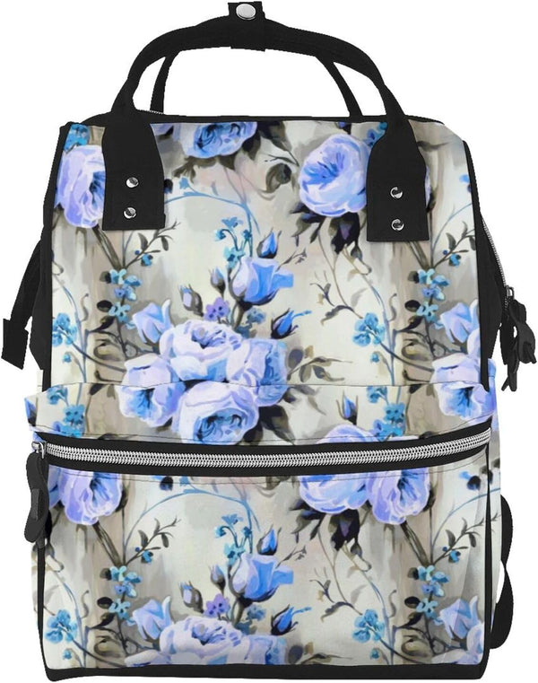 FSQDJLU Blue and Periwinkle Floral Diaper Bag Backpack for Women, Large Capacity Waterproof