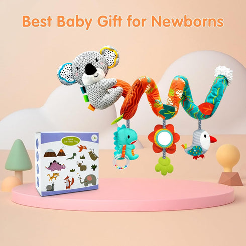 XIXILAND Car Seat Toys for Infants 0-12 Months, Developmental Stroller Toys with Dinosaur, Lion Mirror, Teether