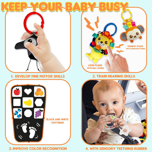 Innofans Baby Car Seat Animals Toys - Kick and Play Double Sided Infant Car Seat Toys with Plush Toys, Mirror, Teether