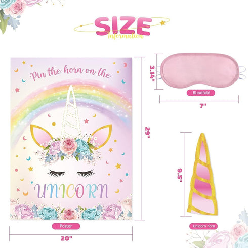 WERNNSAI Pin The Horn on The Unicorn, Birthday Party Game Poster with 24 Horn Stickers
