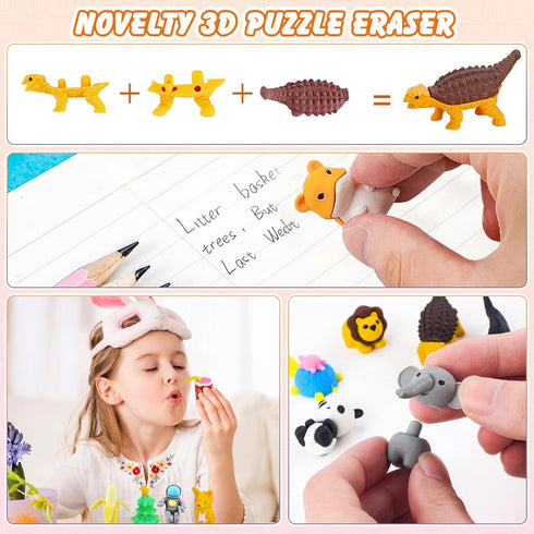 150Pcs Animal Erasers Desk Pets for Kids, Cute Puzzle Pencil Erasers for Classroom Rewards and Party Favors