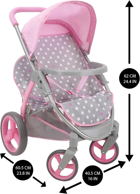 509 18", 2 3+ Crew: Cotton Candy Pink: Twin Tandem Doll Stroller - Pink, Grey, Polka Dot - Dolls Up to Holds Dolls