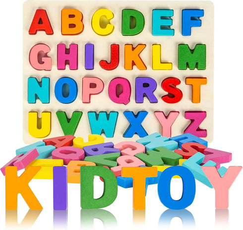 Alphabet Puzzle Wooden Puzzles for Toddlers 1-5 Years Old, ABC Shape Learning Toys with Board & Letter Blocks
