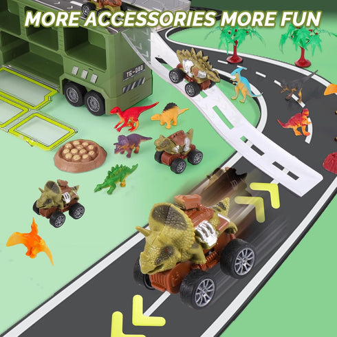 21 in 1 Dinosaur Truck Toys for 3-7 Year Olds, T-Rex Transport Car Carrier with 5 Pull Back Cars and 9 Dino Figures